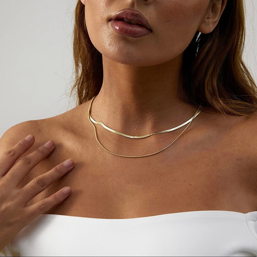 14K Gold Plated Herringbone Choker Necklaces Double Layered Snake Chain Necklace